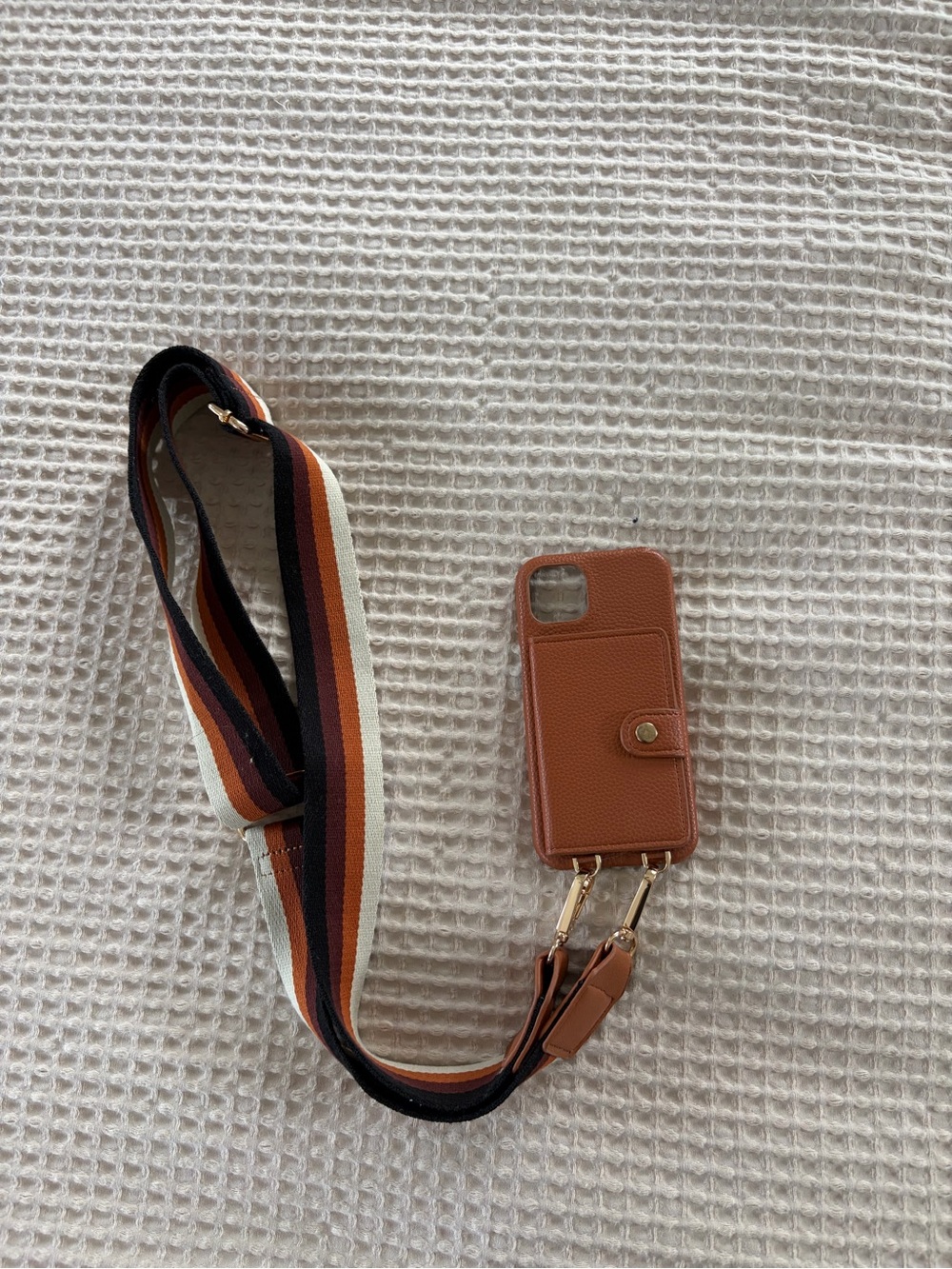 Madewell Brown Leather Phone Crossbody with Striped Strap